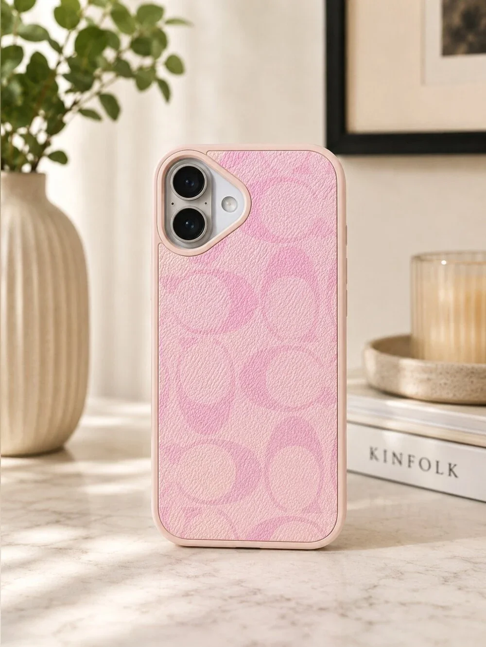 Monogram C Phone Case for iPhone 17 Pink Protective Shockproof Cover Textured
